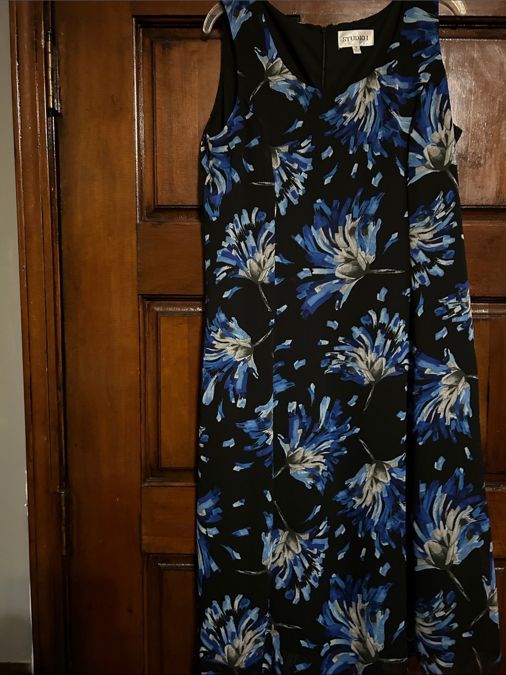 Studio One Black Sleeveless A-Line Dress with Blue and Gray Floral Print - Picture 3 of 8